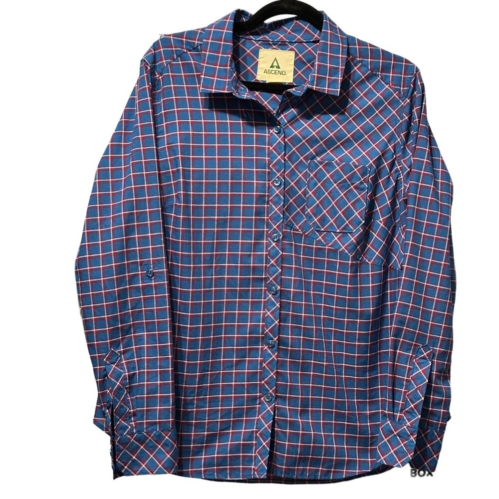 Ascend women’s size L polyester blue plaid long sleeve button front shirt